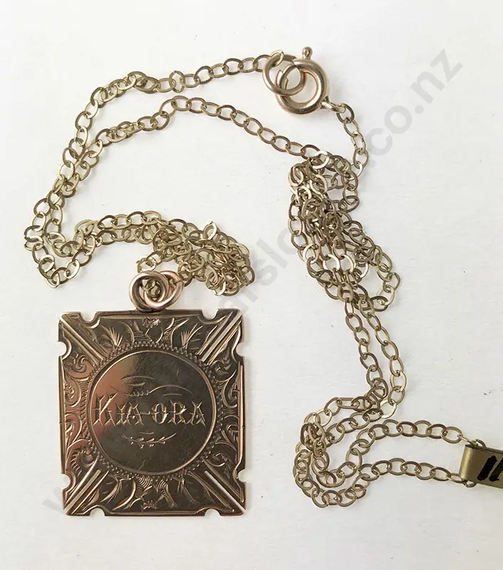 NZ 9ct Shield Fob 'Kia Ora' Image 1++