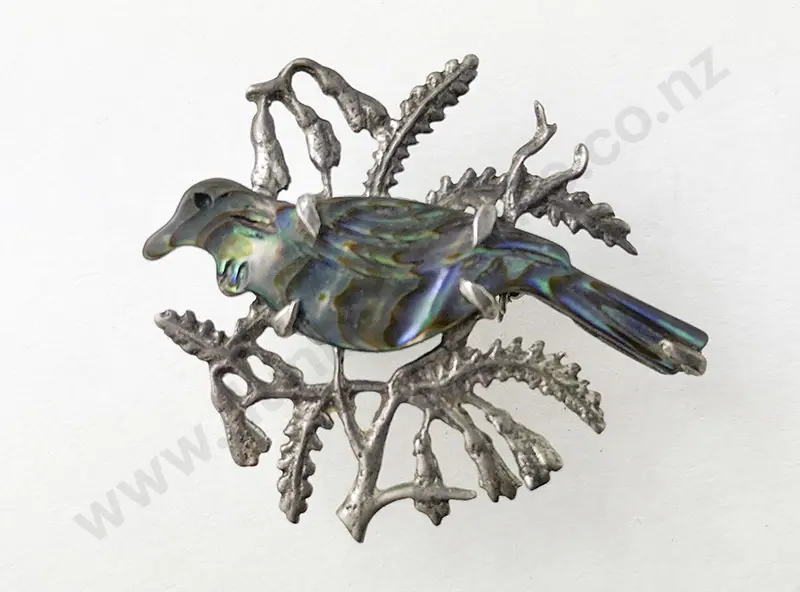 NZ S/S Paua Tui Brooch Image 1++