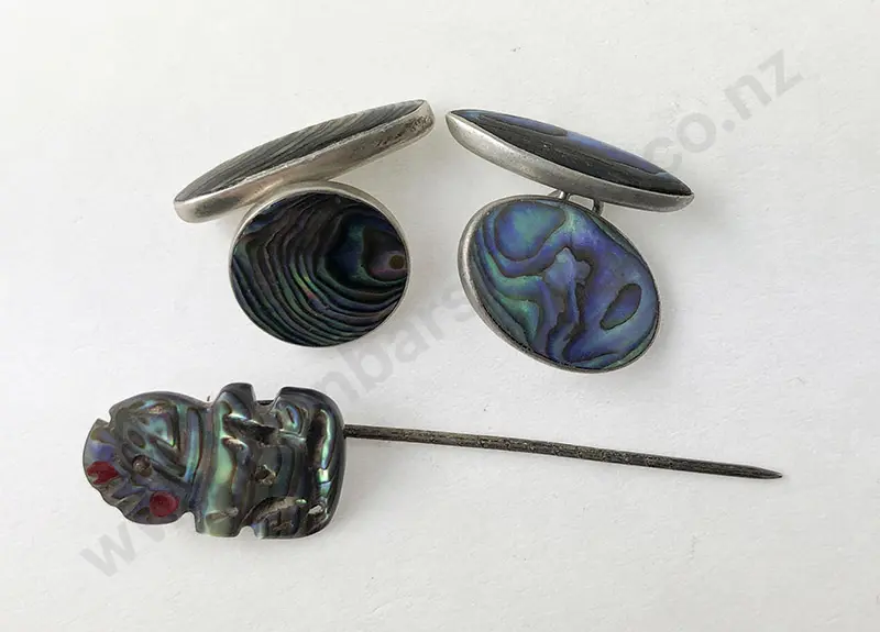 NZ Pr S/S Paua Cufflinks and Tiki Stickpin Image 1++