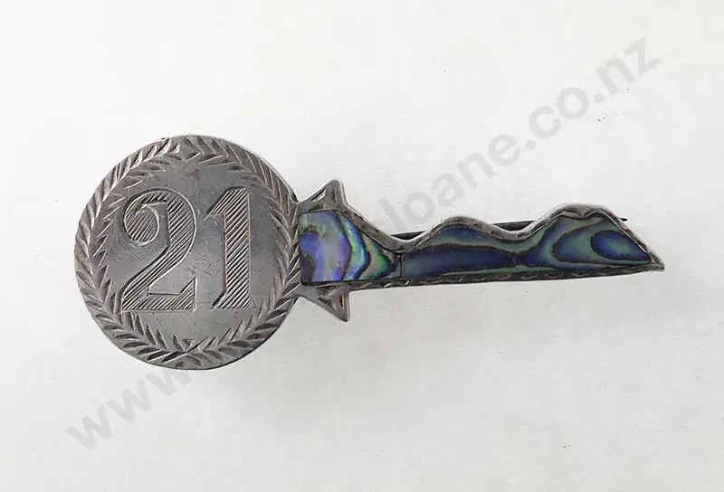 NZ S/S and Paua '21' Brooch Image 1++