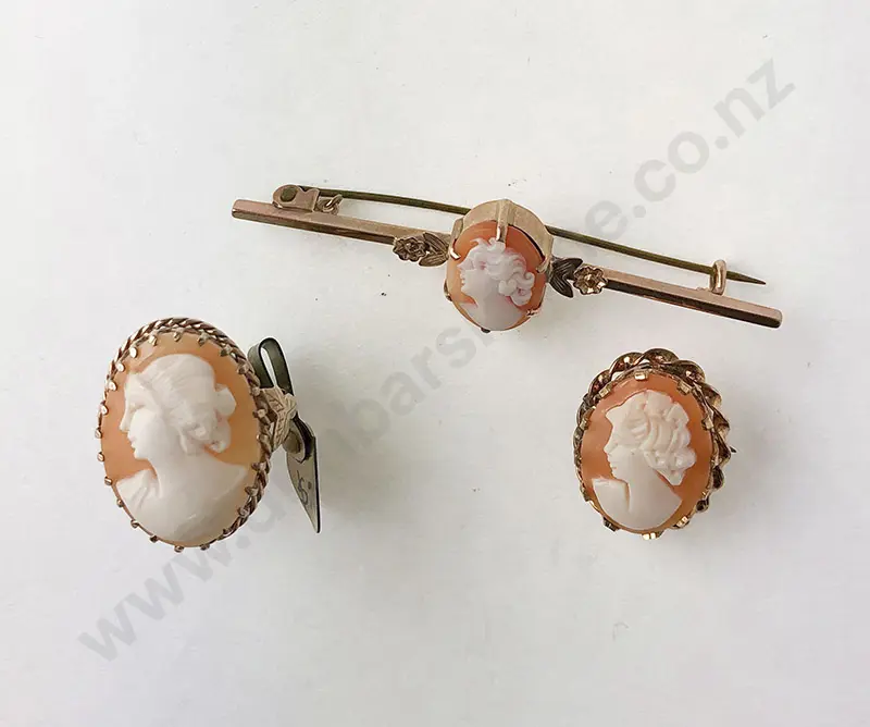 9ct Framed Two Cameo Brooches and Ring Image 1++