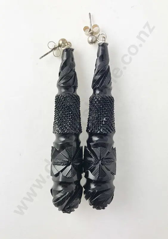 Pr Victorian French Jet Pendant Drop Earrings Image 1++