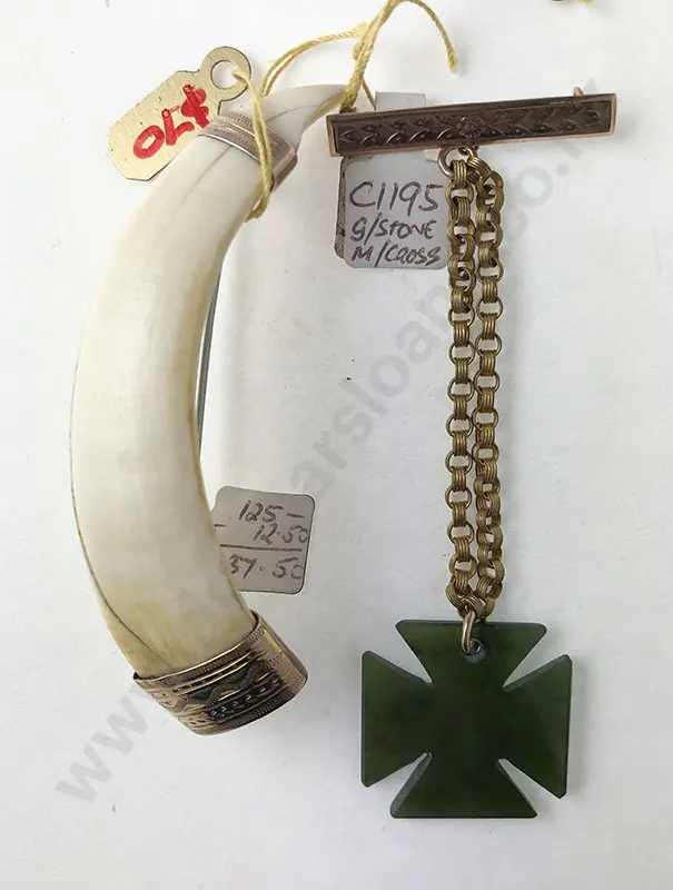 Greenstone Fob and 9ct Boar Tusk Brooch Image 1++