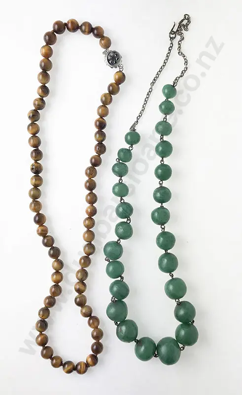 Vintage Green Agate Bead Necklace and Tiger Eye Necklace Image 1++