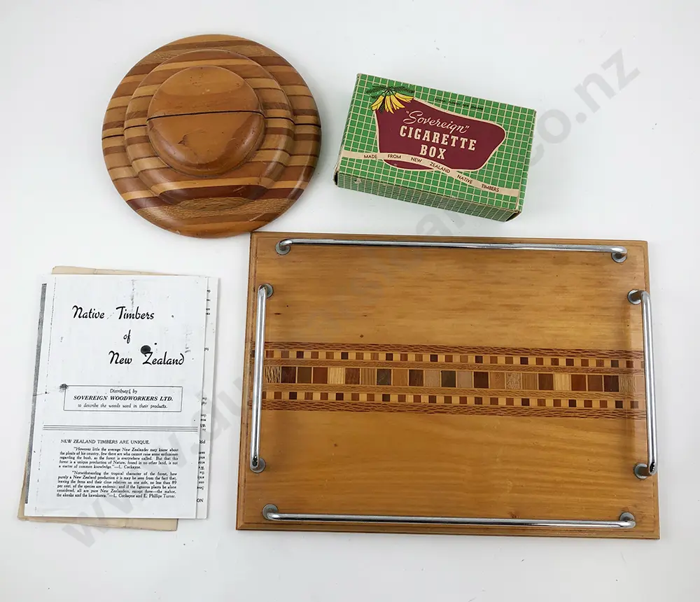 NZ Sovereign Ware Native Timber Tray, Bookends and Cig Box Image 1++