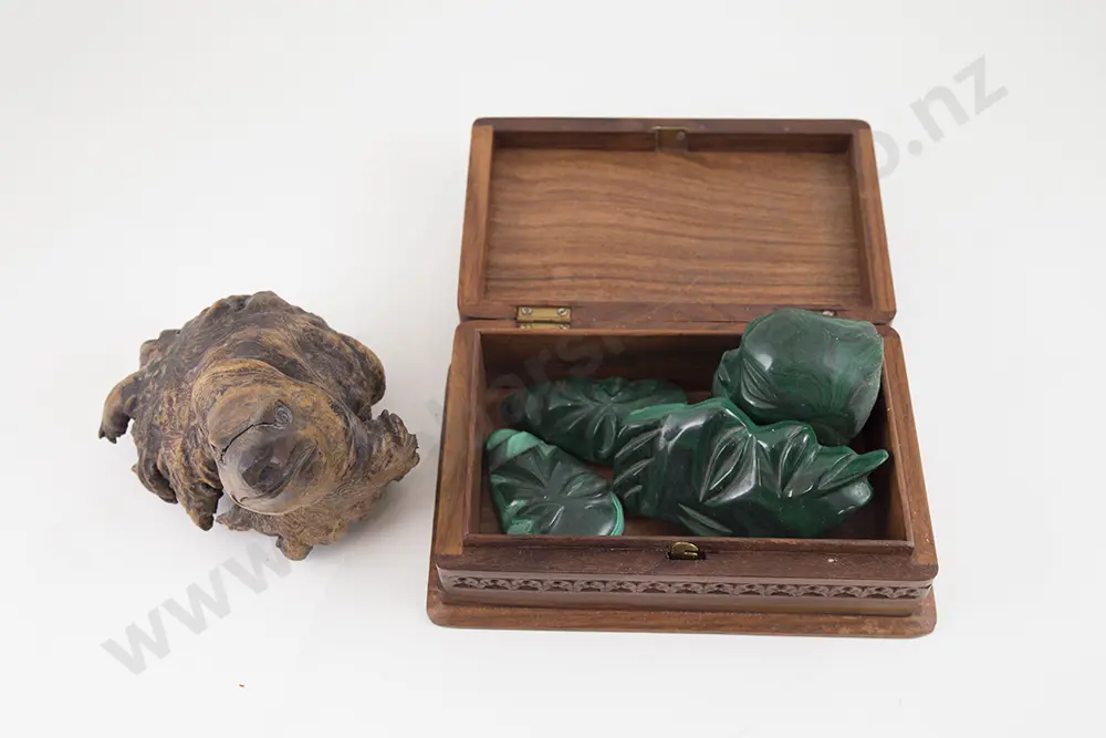 Four Carved Malachite Mask Pieces, box and root Image 1++