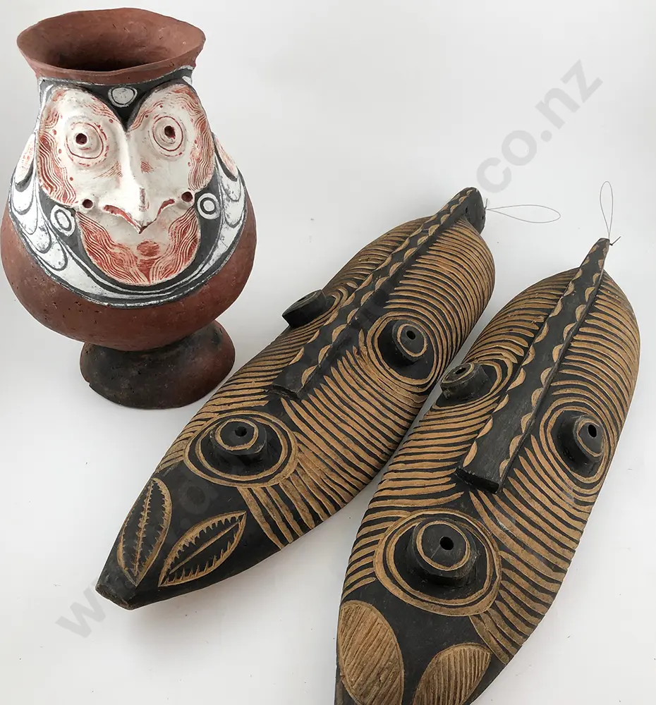Chambri Pottery Mask Storage Vessel and two mask shields Image 1++