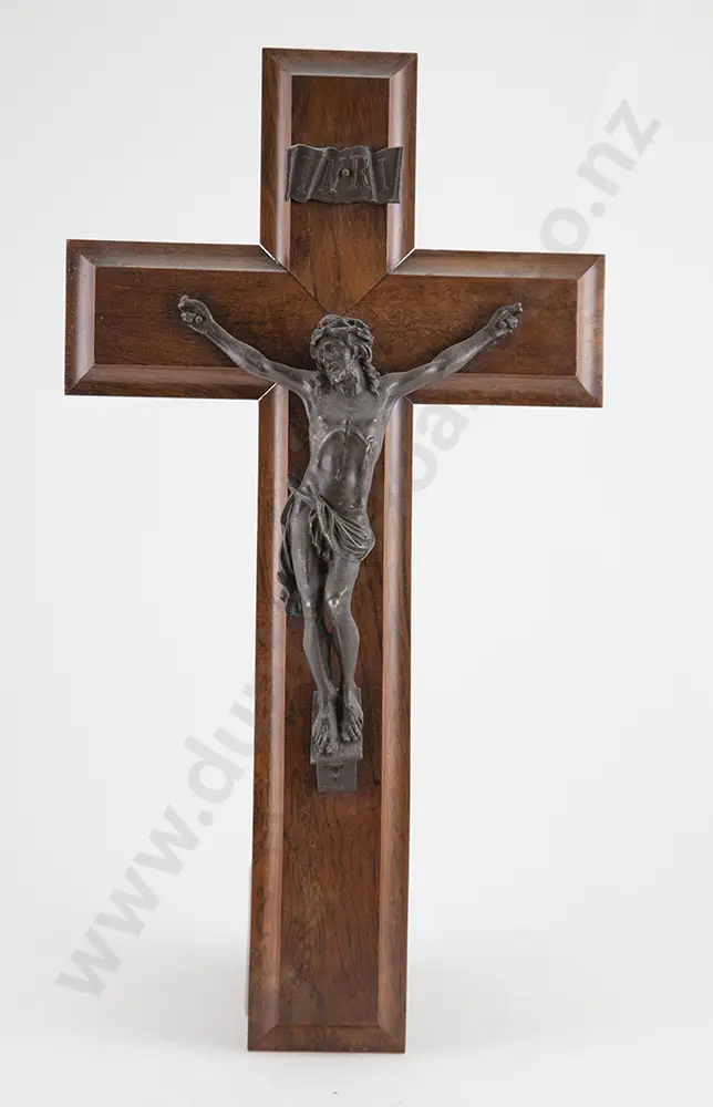 Late Victorian Walnut and Spelter Crucifix Image 1++
