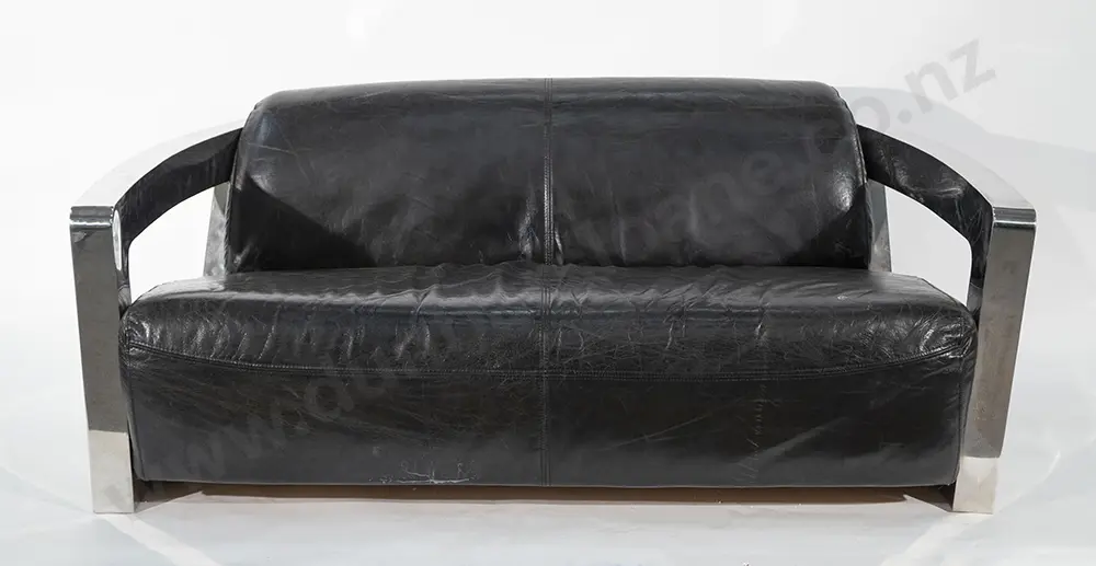 Aviator Style Black Leather Sofa Image 1++