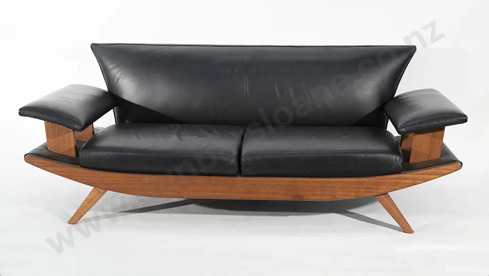Two Mid C20th Design Black Leather & Teak Sofa Image 1++