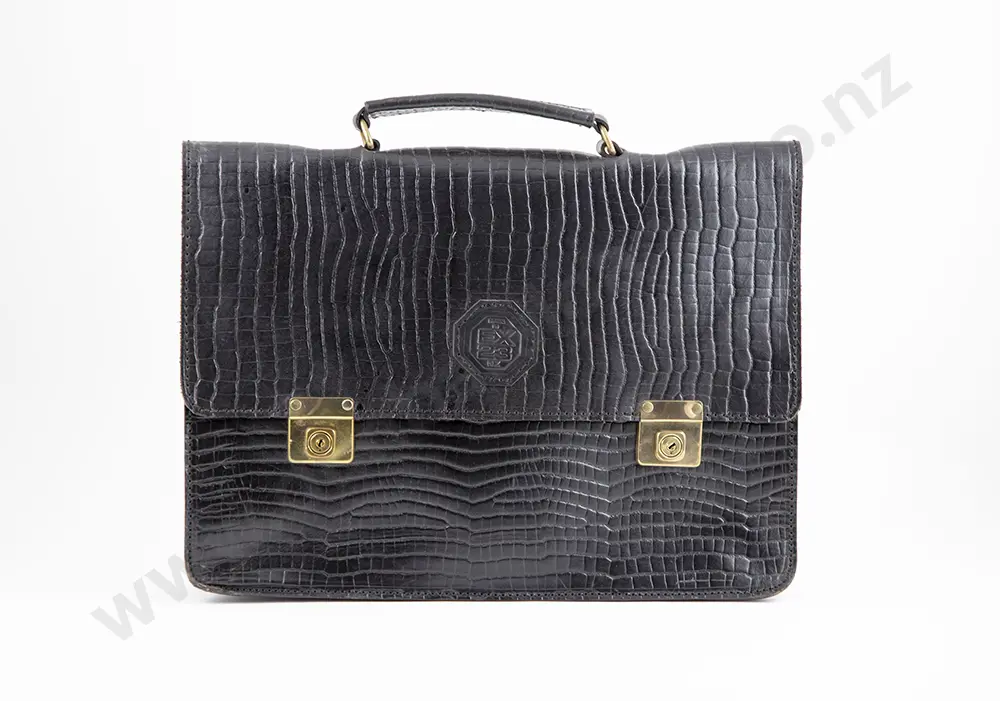 Double Lock Stiffened & Patterned Black Leather Brief Case Image 1++
