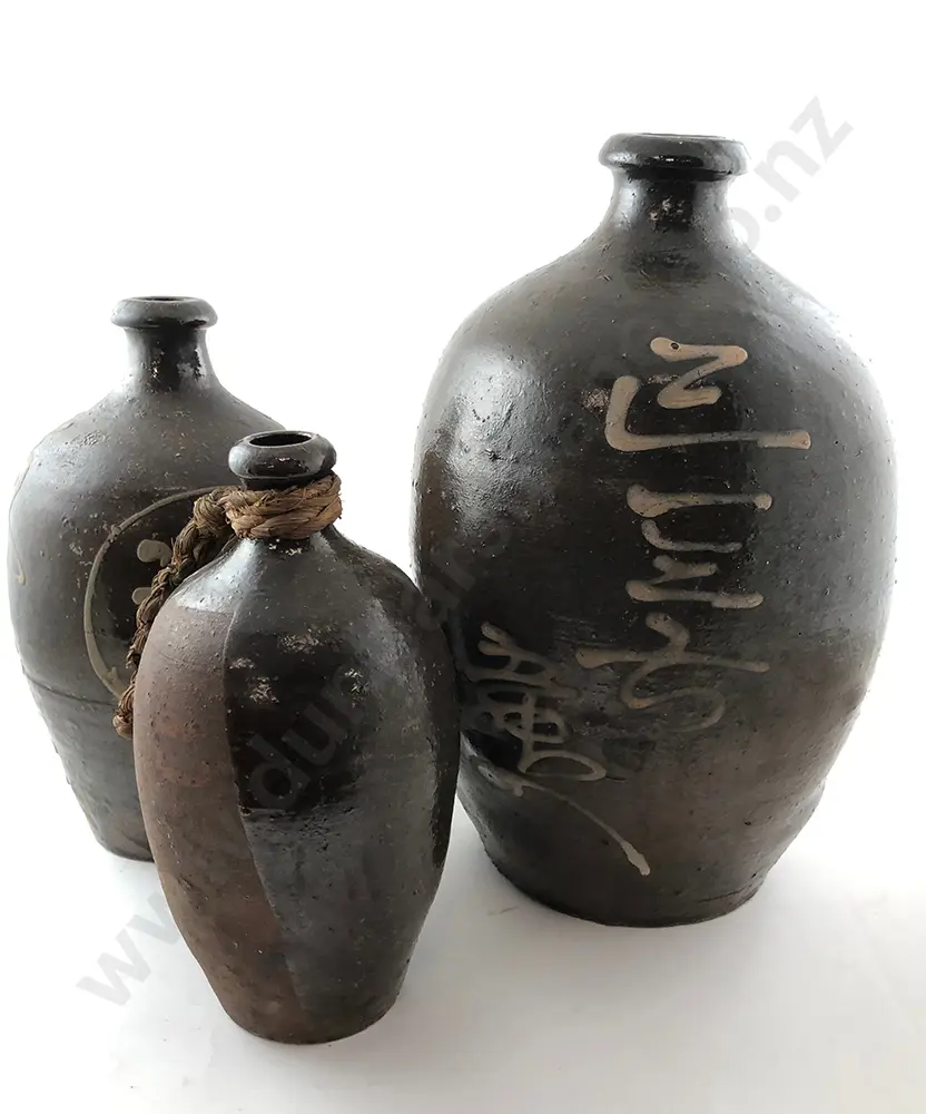 Three Japanese Late Edo Pottery Saki Flasks Image 1++