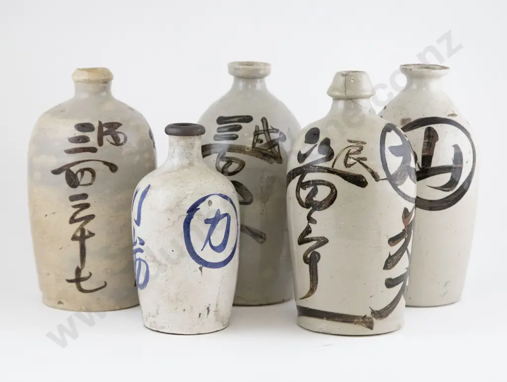 Five Japanese Late Edo Pottery Saki Flasks Image 1++