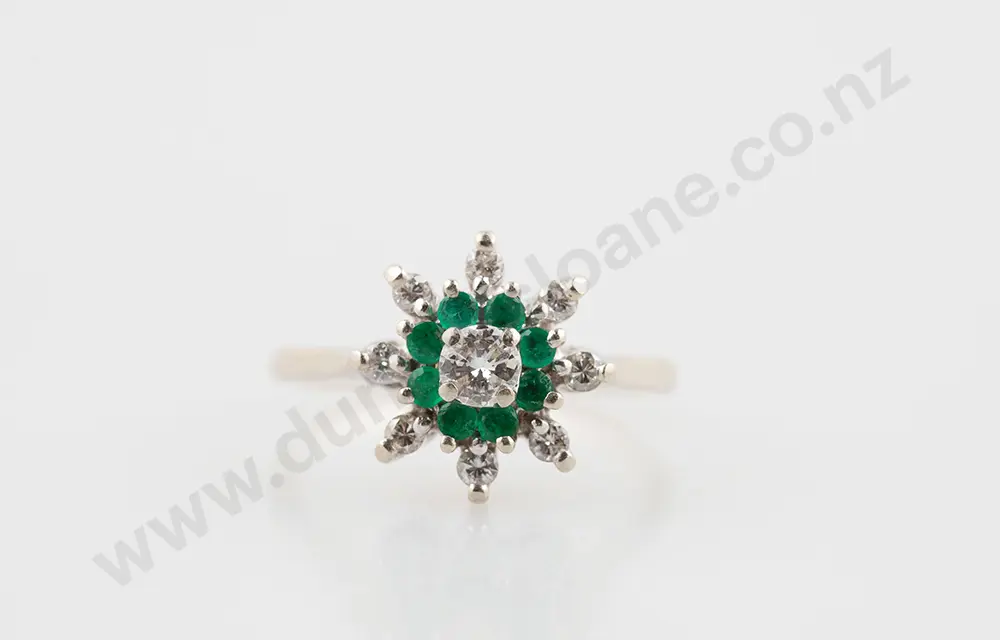 14ct 17stone White Gold Emerald & Diamond Cluster Ring Image 1++