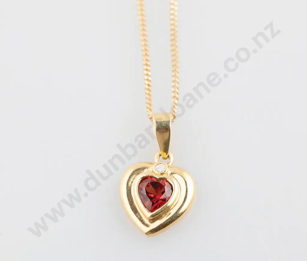 18ct Two Stone Garnet & Diamond Heart Pendant Image 1++