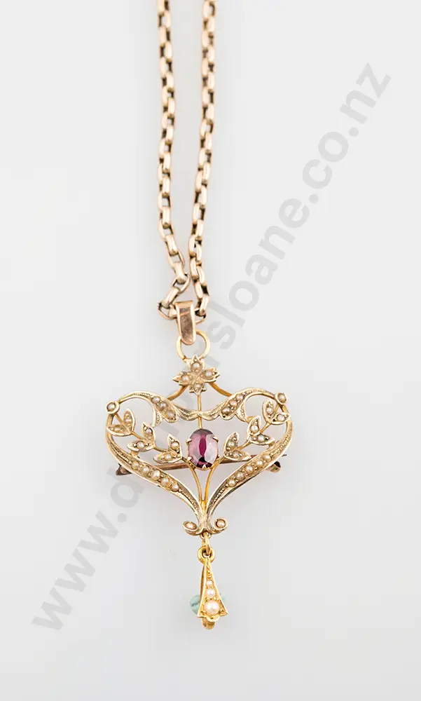 Edwardian 9ct Garnet & Seed Pearl Shield Pendant Image 1++