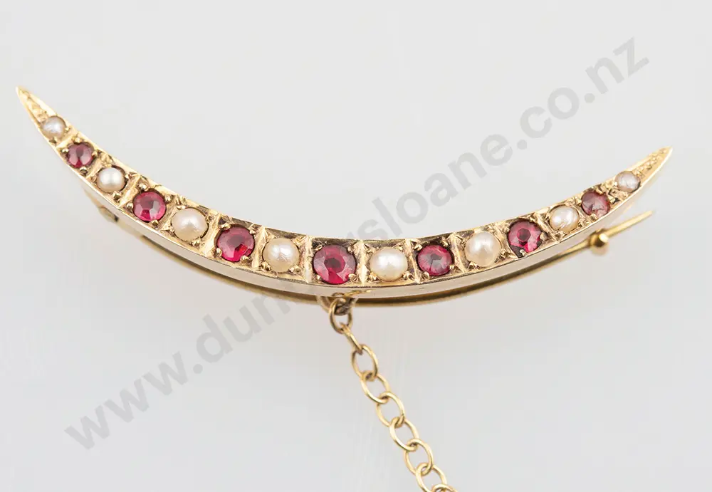 9ct Ruby & Half Pearl Crescent Brooch Image 1++