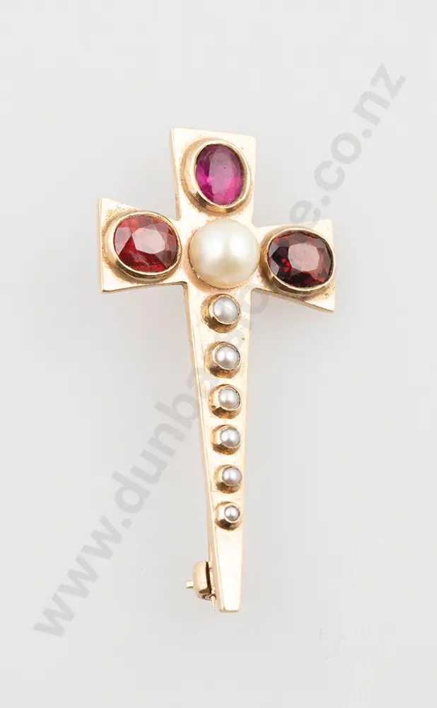9ct Three Gem & Cultured Pearl Cross Brooch Image 1++