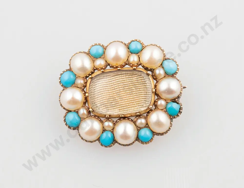 Vict Gold Pearl & Turquoise Hair Panel Brooch Image 1++