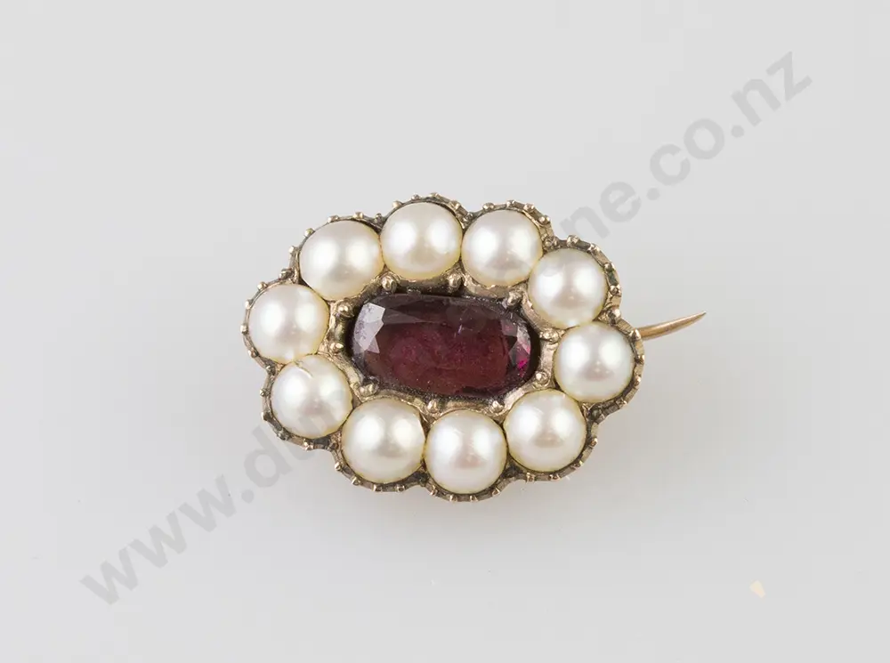 Vict Gold Garnet & Half Pearl Memorial Brooch Image 1++