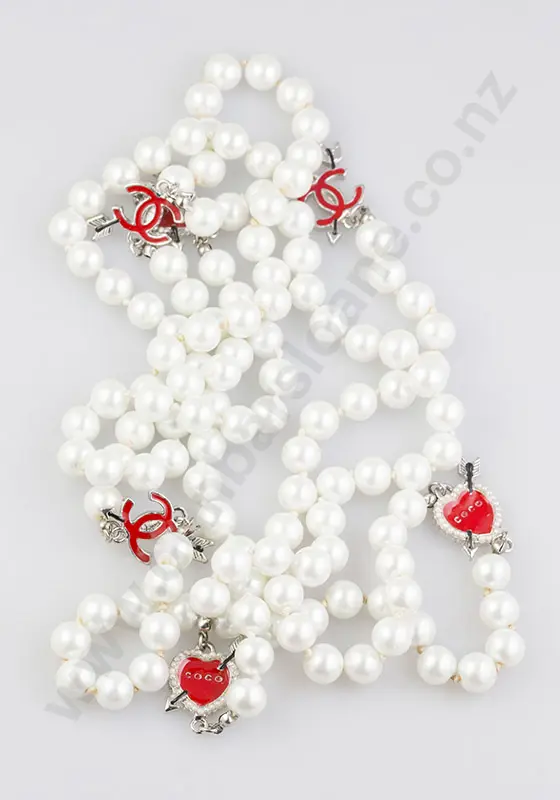 Chanel Style Emblem and Imitation Pearl Long Length Necklace Image 1++