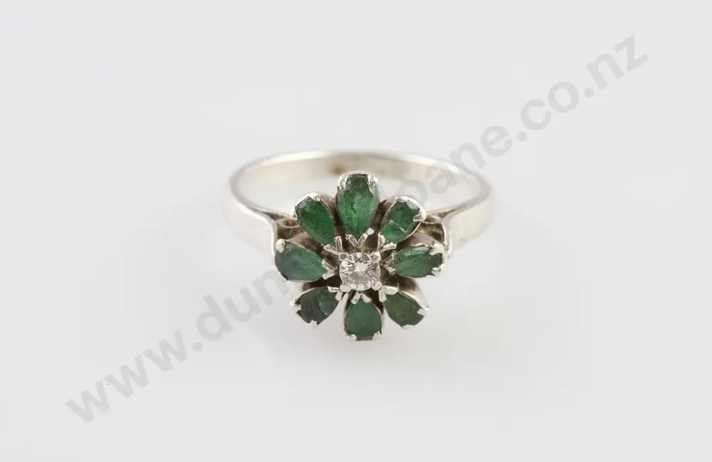 18ct White Gold Emerald & Diamond Floret Cluster Ring Image 1++