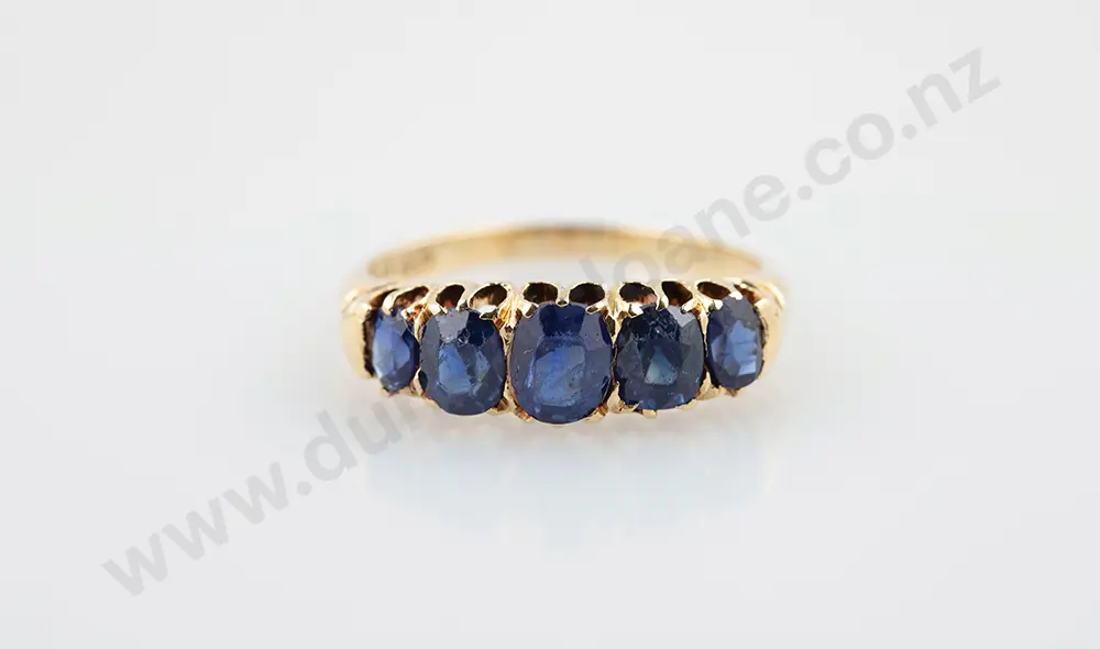 9ct Victorian Five Stone Imitation Sapphire Bridge Ring Image 1++