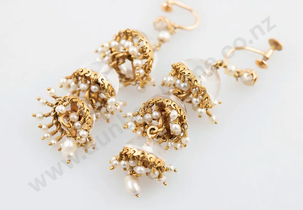 Indo Persian Design Gold Crystal & Pearl Pendant Earrings Image 1++