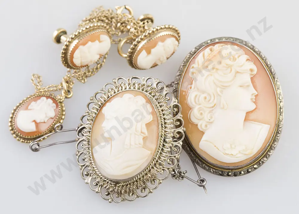 Two Silver Frame Cameo Brooches, pendant and earrings Image 1++