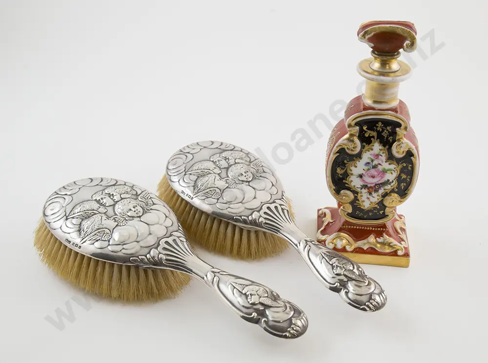 Pair S/S Gainsborough Angel Pattern Vanity Brushes and Scent Bottle Image 1++
