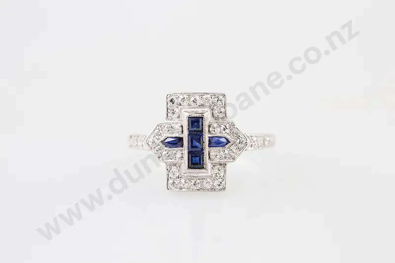 Art Deco All Platinum Diamond & Sapphire Cluster Ring Image 1++