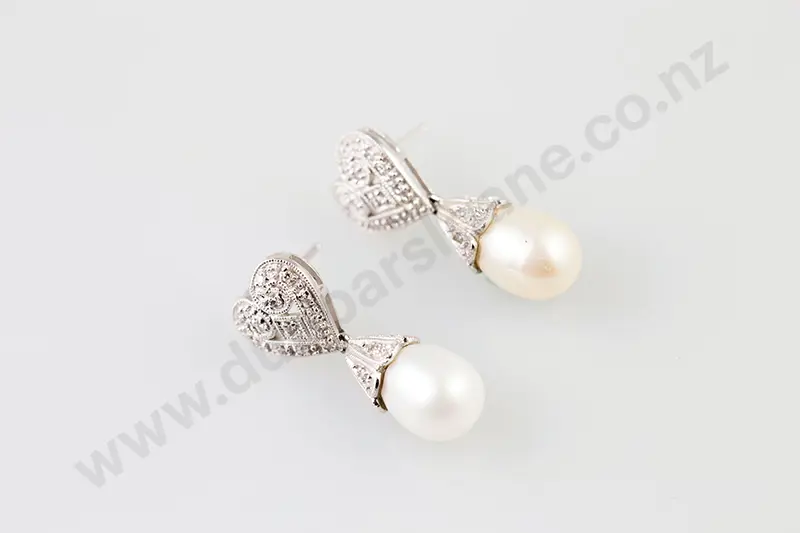 Pair 14ct White Gold Diamond and Pearl Pendant Drop Earrings Image 1++
