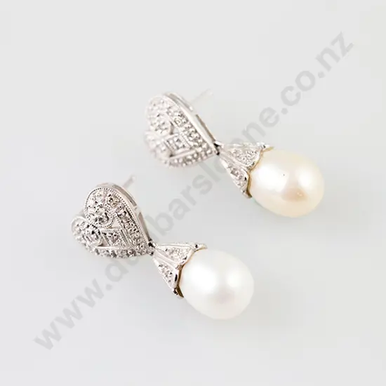 Pair 14ct White Gold Diamond and Pearl Pendant Drop Earrings
