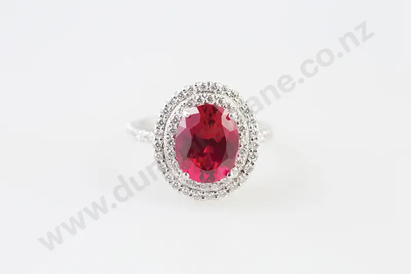 18ct White Gold 69stone Synthetic Ruby & Diamond Cluster Ring Image 1++