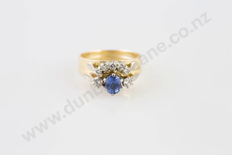 18ct Three Stone Ceylonese Sapphire & Diamond Ring with Curved Band Image 1++