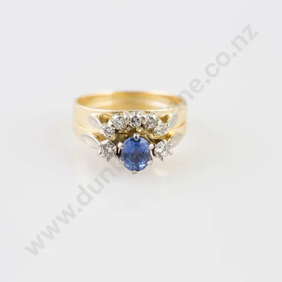 18ct Three Stone Ceylonese Sapphire & Diamond Ring with Curved Band