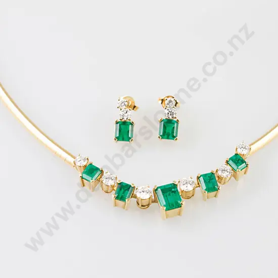 18ct Eleven Stone Emerald & Diamond Necklet with Matching Earrings