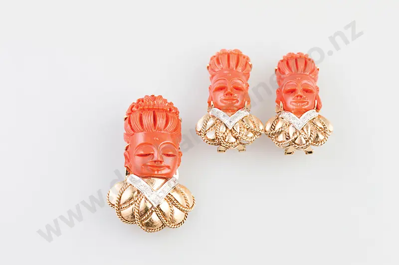 14kt Coral & Diamond Lady Buddha Brooch with Matching Earrings Image 1++