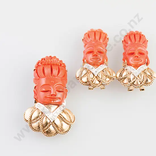 14kt Coral & Diamond Lady Buddha Brooch with Matching Earrings