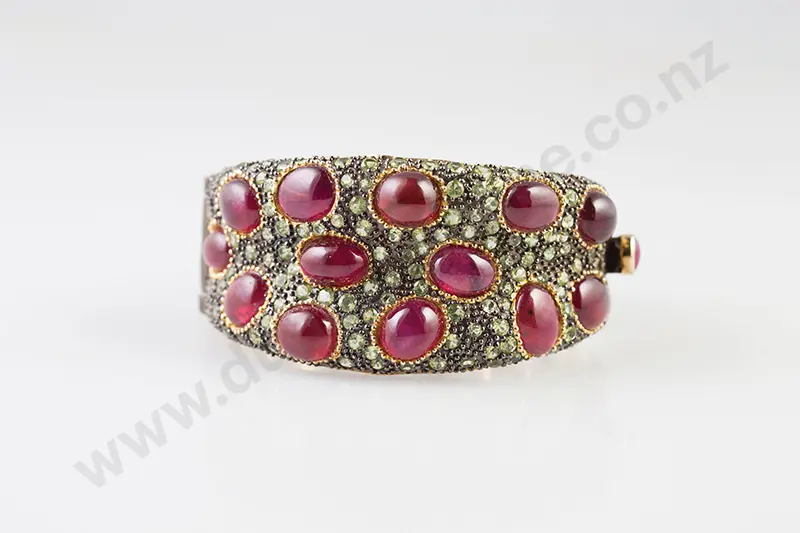 .925 Silver Fancy Ruby-Glass and Peridot Snap Bangle Image 1++
