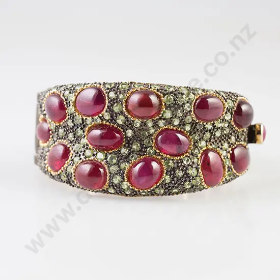 .925 Silver Fancy Ruby-Glass and Peridot Snap Bangle