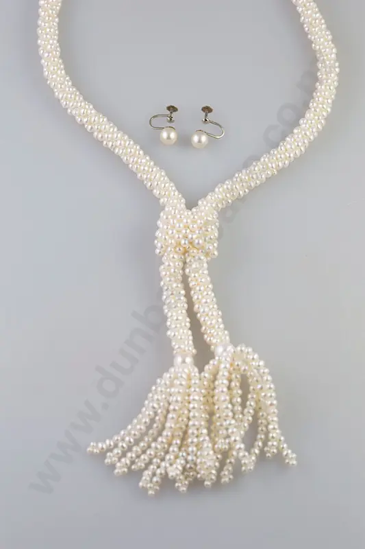Woven Freshwater Pearl Rope Necklace and Earrings Image 1++