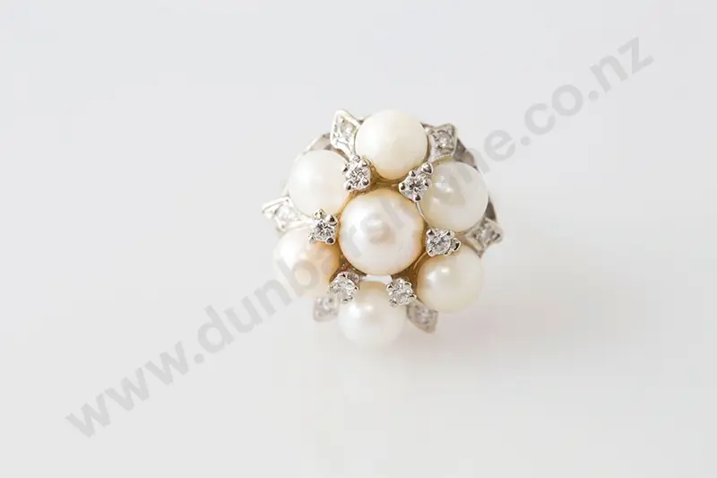 14ct White Gold Seven Pearl and Diamond Cluster Ring Image 1++