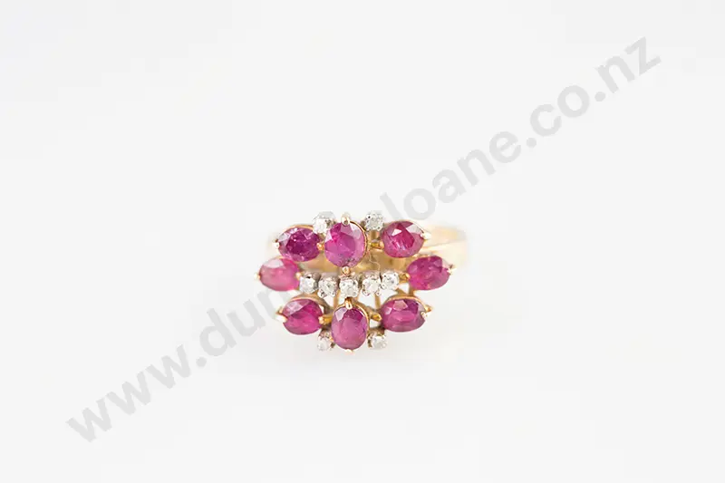 14ct 17stone Ruby & Diamond Princess Style Cluster Ring Image 1++