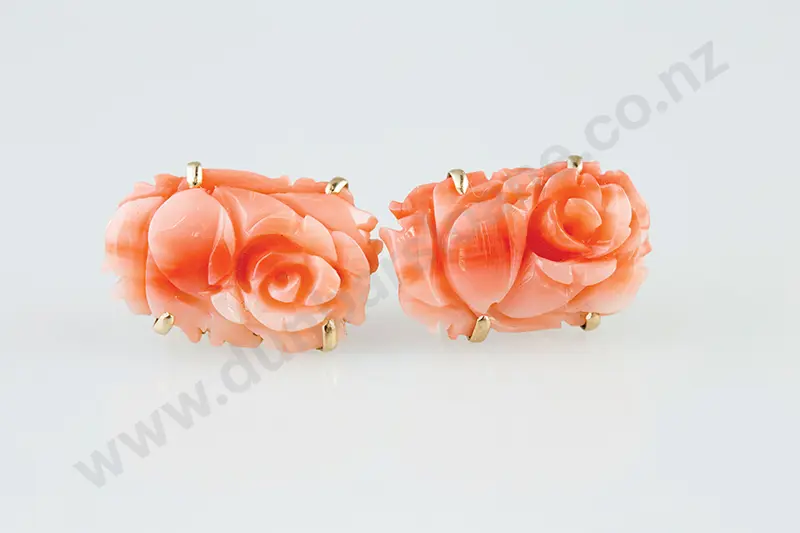 Pair 14ct Mounted Pink Coral Stud Earrings Image 1++