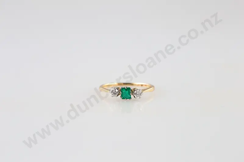 18ct & Platinum Three Stone Emerald & Diamond Bridge Ring Image 1++