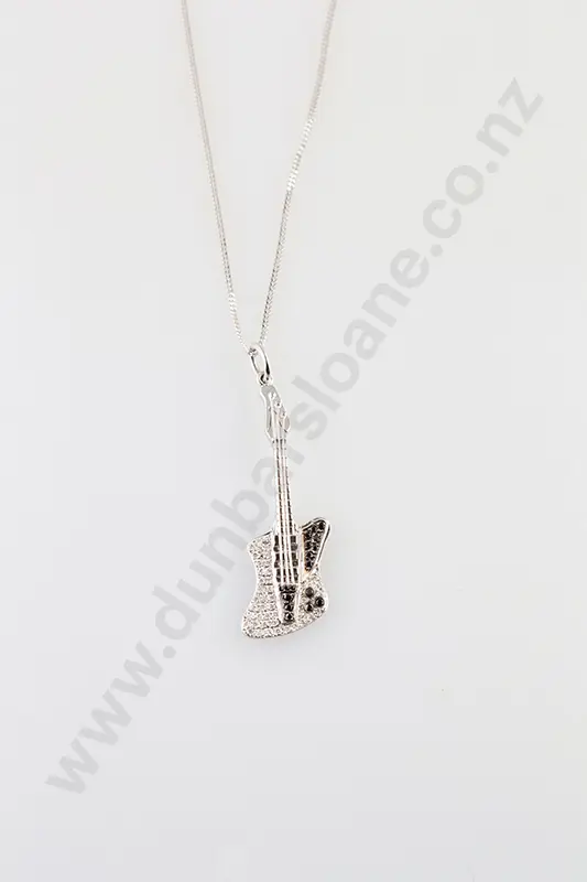 18ct White Gold 61stone Black & White Diamond Guitar Pendant Image 1++