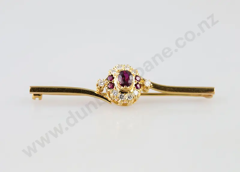 18ct 15stone Ruby & Diamond Bar Brooch Image 1++