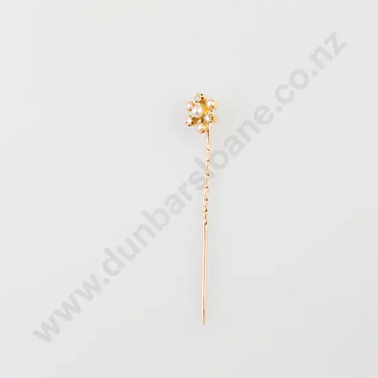 Edwardian Cased 18ct Pearl & Diamond Stick Pin