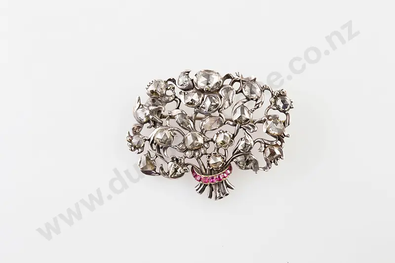 Victorian Indian Rose Cut Diamond and Ruby Brooch Image 1++